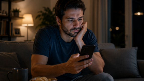Homem sentado no sofá de casa durante a noite observa o celular com expressão de preocupação e cansaço. Ao seu redor, um ambiente doméstico tranquilo contrasta com a atenção constante dedicada às mensagens que chegam pelo aparelho.