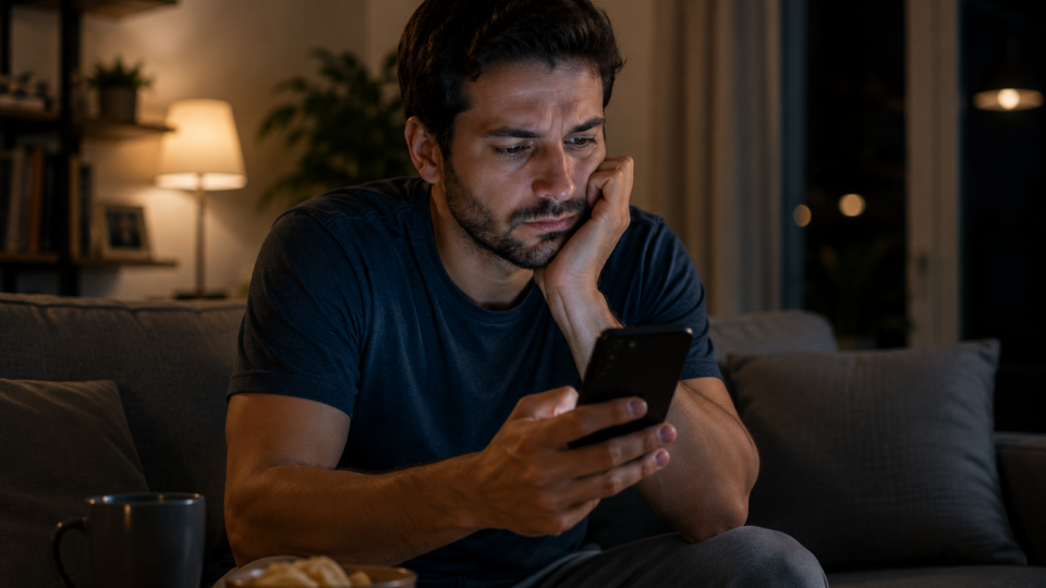 Homem sentado no sofá de casa durante a noite observa o celular com expressão de preocupação e cansaço. Ao seu redor, um ambiente doméstico tranquilo contrasta com a atenção constante dedicada às mensagens que chegam pelo aparelho.