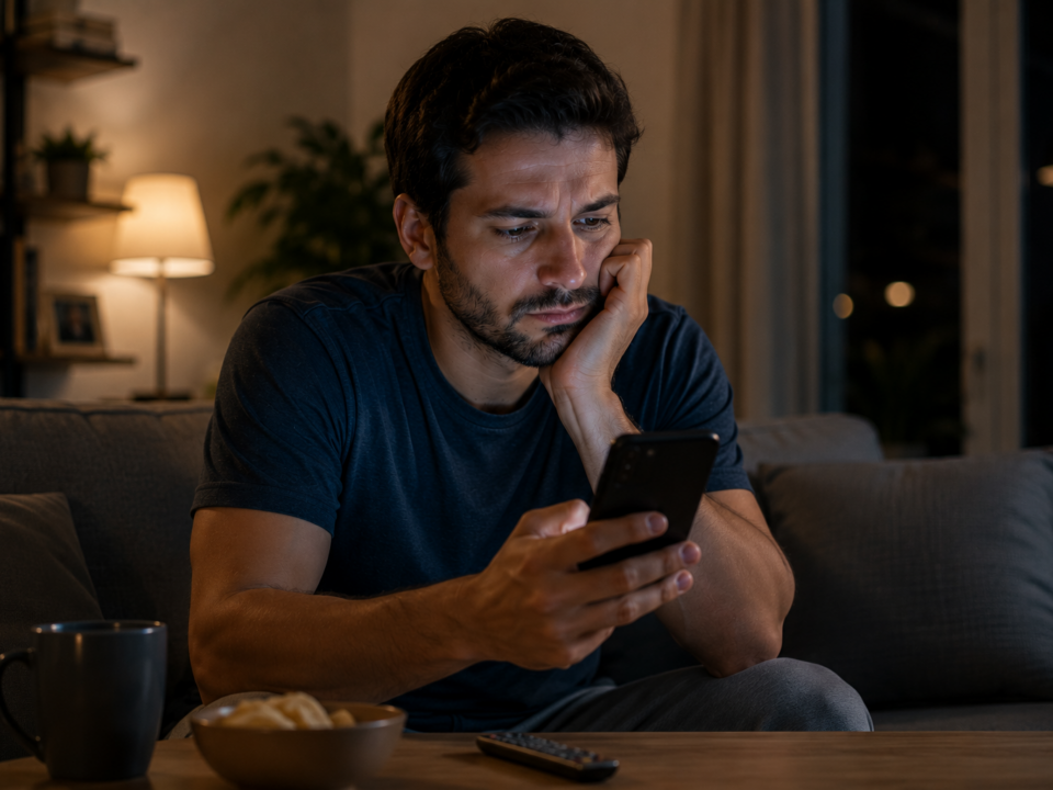 Homem sentado no sofá de casa durante a noite observa o celular com expressão de preocupação e cansaço. Ao seu redor, um ambiente doméstico tranquilo contrasta com a atenção constante dedicada às mensagens que chegam pelo aparelho.