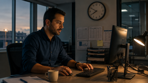 Trabalhador em um escritório chega antes do horário oficial e organiza documentos enquanto o computador já está ligado, demonstrando que as atividades começaram antes do registro da jornada.