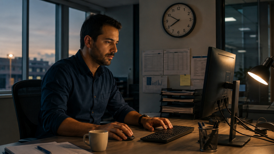 Trabalhador em um escritório chega antes do horário oficial e organiza documentos enquanto o computador já está ligado, demonstrando que as atividades começaram antes do registro da jornada.