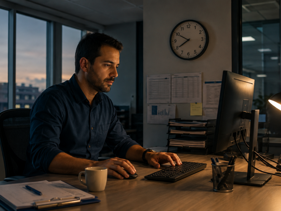 Trabalhador em um escritório chega antes do horário oficial e organiza documentos enquanto o computador já está ligado, demonstrando que as atividades começaram antes do registro da jornada.
