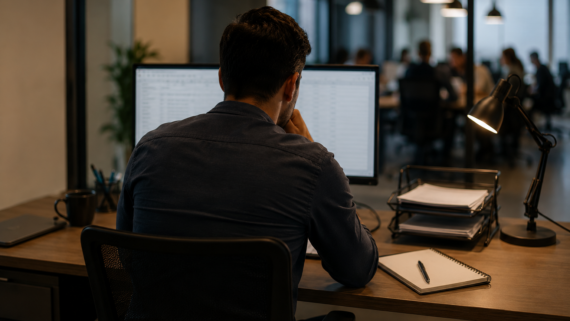 Profissional trabalha em um escritório diante do computador, enquanto colegas aparecem desfocados ao fundo, representando uma rotina típica de quem exerce atividades como empregado, mesmo contratado como pessoa jurídica.
