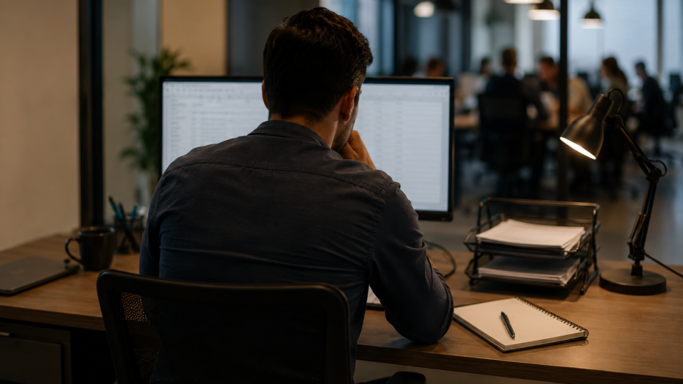 Profissional trabalha em um escritório diante do computador, enquanto colegas aparecem desfocados ao fundo, representando uma rotina típica de quem exerce atividades como empregado, mesmo contratado como pessoa jurídica.