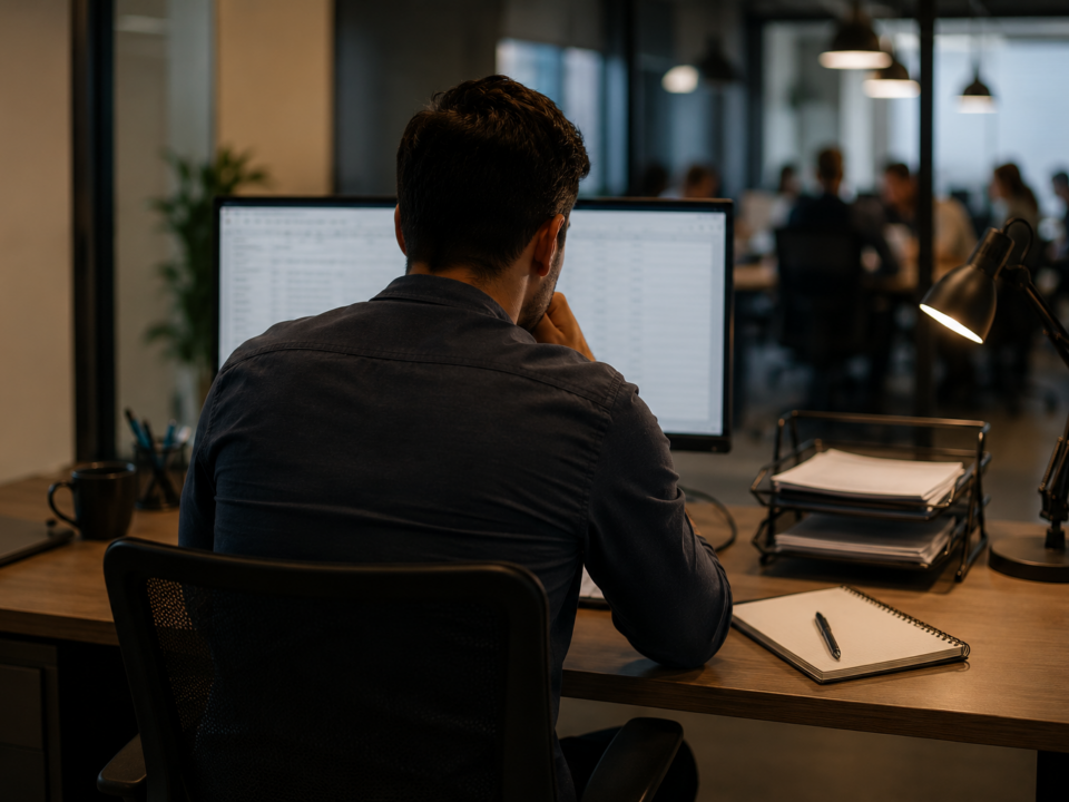 Profissional trabalha em um escritório diante do computador, enquanto colegas aparecem desfocados ao fundo, representando uma rotina típica de quem exerce atividades como empregado, mesmo contratado como pessoa jurídica.
