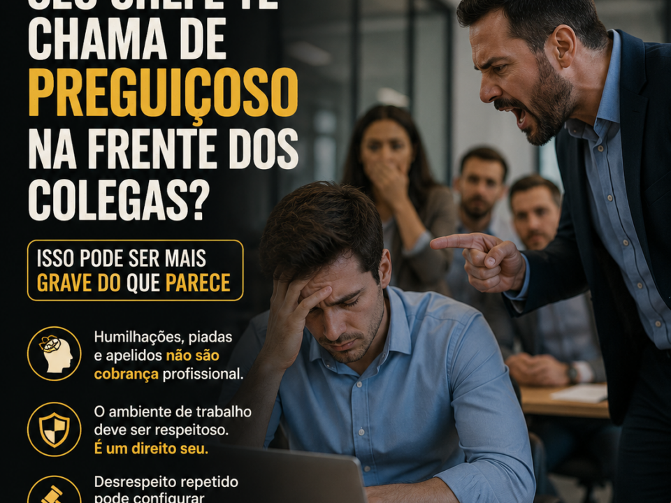 Arte informativa sobre assédio moral no ambiente de trabalho. Em um escritório, um gestor aparece gritando e apontando o dedo para um funcionário sentado diante de um computador, enquanto colegas observam a cena com expressões de preocupação. A imagem destaca mensagens sobre humilhação no trabalho, respeito à dignidade do trabalhador e a importância de registrar provas e buscar orientação jurídica quando necessário.