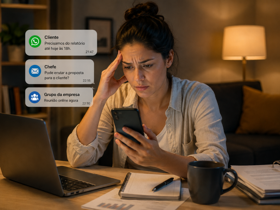 Mulher sentada em uma mesa de trabalho em casa, olhando preocupada para o próprio celular enquanto segura a testa com expressão de cansaço. Ao lado há um notebook, documentos e uma caneca. Na tela aparecem notificações de mensagens de cliente, chefe e grupo da empresa, sugerindo que o aparelho pessoal está sendo utilizado constantemente para atividades profissionais, mesmo fora do ambiente de trabalho.