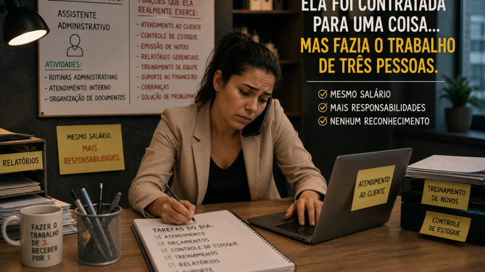 Trabalhadora sobrecarregada em escritório acumula diversas tarefas ao mesmo tempo, cercada por documentos, computador e demandas de diferentes setores, demonstrando cansaço e excesso de responsabilidades.