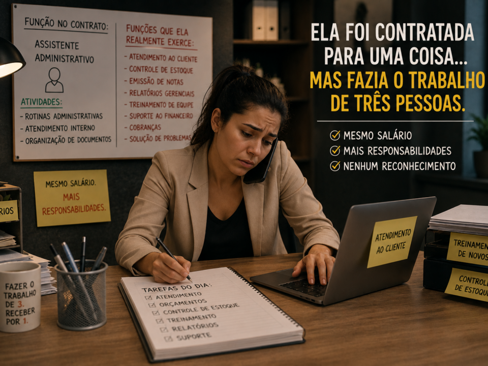 Trabalhadora sobrecarregada em escritório acumula diversas tarefas ao mesmo tempo, cercada por documentos, computador e demandas de diferentes setores, demonstrando cansaço e excesso de responsabilidades.