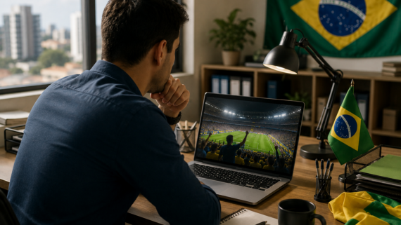 Trabalhador brasileiro em um escritório observa discretamente uma partida de futebol em um monitor enquanto permanece em sua estação de trabalho, transmitindo a dúvida entre acompanhar o jogo da Copa e cumprir a jornada de trabalho.