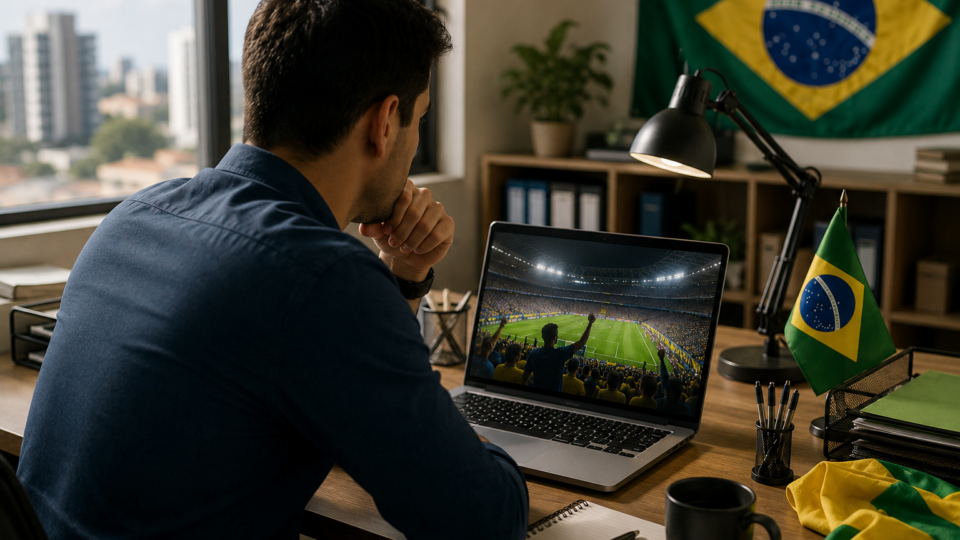 Trabalhador brasileiro em um escritório observa discretamente uma partida de futebol em um monitor enquanto permanece em sua estação de trabalho, transmitindo a dúvida entre acompanhar o jogo da Copa e cumprir a jornada de trabalho.