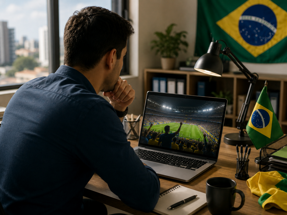 Trabalhador brasileiro em um escritório observa discretamente uma partida de futebol em um monitor enquanto permanece em sua estação de trabalho, transmitindo a dúvida entre acompanhar o jogo da Copa e cumprir a jornada de trabalho.