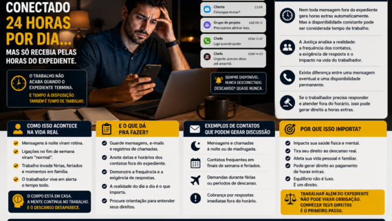 Homem sentado em casa durante a noite, olhando para o celular enquanto recebe notificações de trabalho fora do horário de expediente. Ao lado, um notebook aberto e documentos espalhados reforçam a sensação de que o trabalho continua mesmo durante o período que deveria ser destinado ao descanso.
