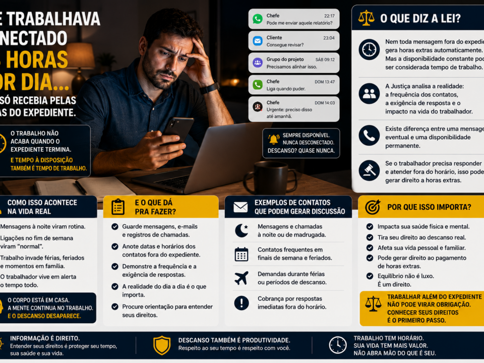 Homem sentado em casa durante a noite, olhando para o celular enquanto recebe notificações de trabalho fora do horário de expediente. Ao lado, um notebook aberto e documentos espalhados reforçam a sensação de que o trabalho continua mesmo durante o período que deveria ser destinado ao descanso.