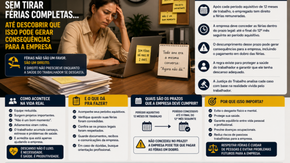 Infográfico trabalhista sobre férias não concedidas dentro do prazo legal. A imagem mostra uma trabalhadora sentada diante de um notebook com expressão de cansaço e preocupação, cercada por anotações sobre adiamento de férias. Ao redor, quadros explicativos apresentam informações sobre o direito às férias, prazos legais para concessão, possíveis consequências para a empresa e a importância do descanso para a saúde física e mental do trabalhador.