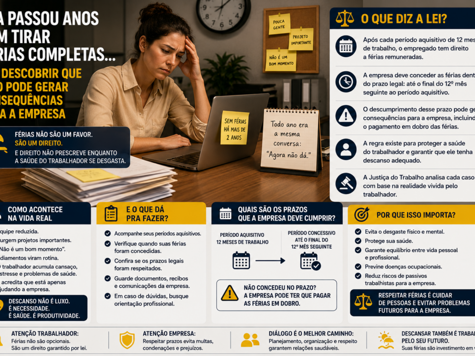 Infográfico trabalhista sobre férias não concedidas dentro do prazo legal. A imagem mostra uma trabalhadora sentada diante de um notebook com expressão de cansaço e preocupação, cercada por anotações sobre adiamento de férias. Ao redor, quadros explicativos apresentam informações sobre o direito às férias, prazos legais para concessão, possíveis consequências para a empresa e a importância do descanso para a saúde física e mental do trabalhador.