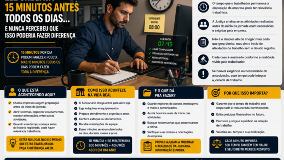 Trabalhador chegando cedo ao ambiente de trabalho, organizando documentos e ligando o computador antes do início oficial do expediente. Um relógio na parede marca 7h45, enquanto a jornada registrada começa às 8h, destacando a realização de atividades profissionais antes do horário formal de trabalho.