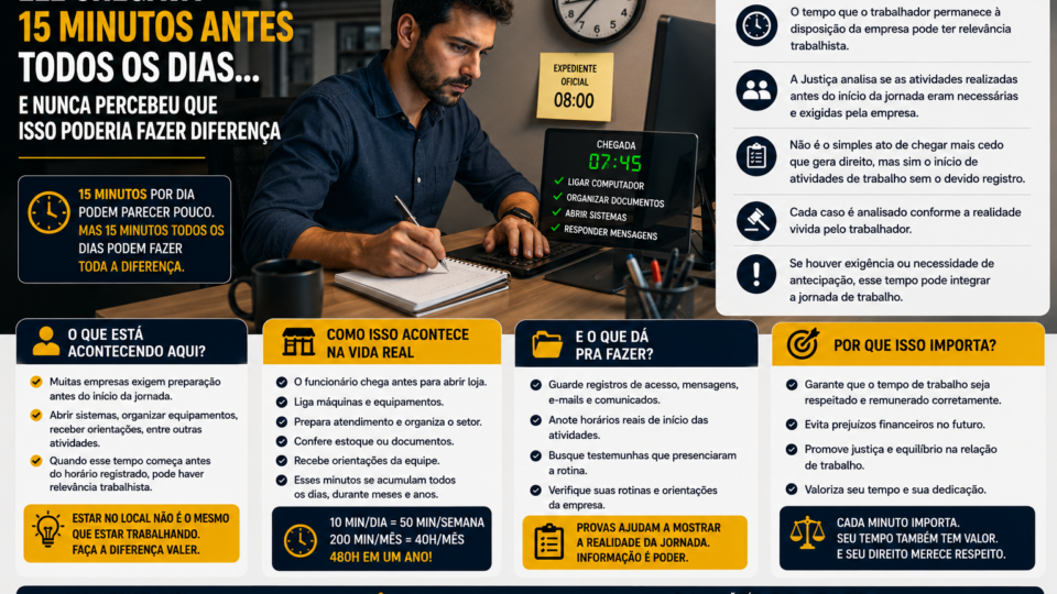 Trabalhador chegando cedo ao ambiente de trabalho, organizando documentos e ligando o computador antes do início oficial do expediente. Um relógio na parede marca 7h45, enquanto a jornada registrada começa às 8h, destacando a realização de atividades profissionais antes do horário formal de trabalho.