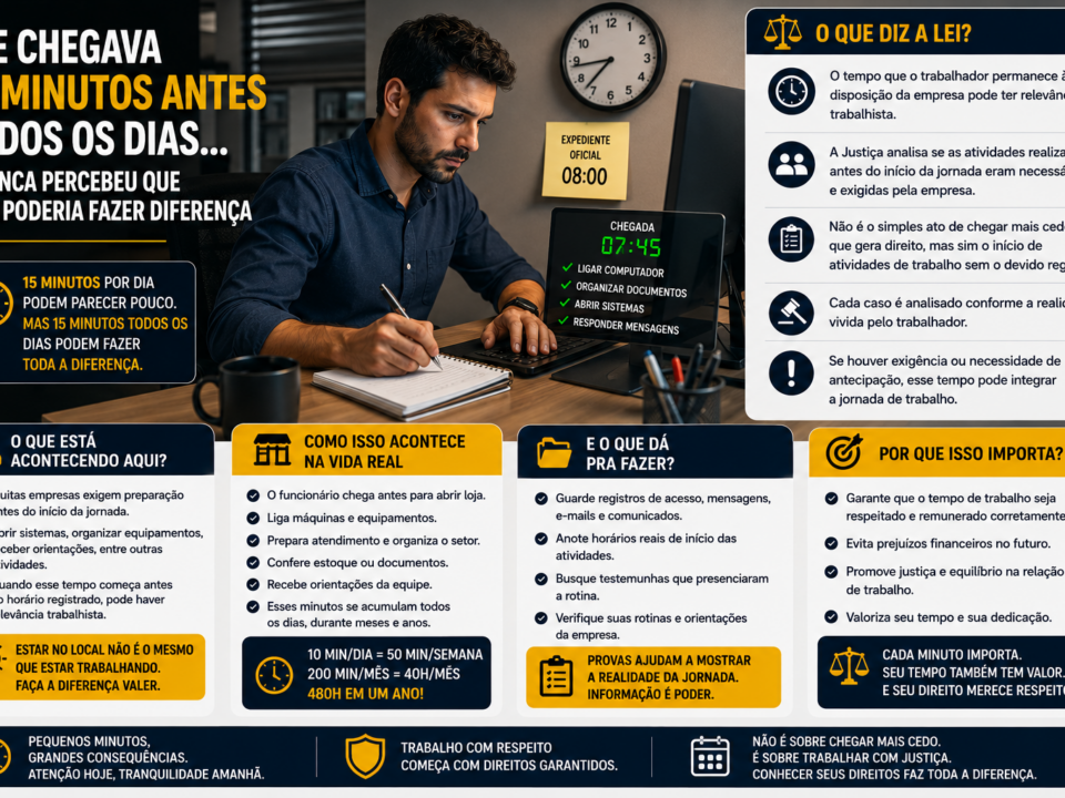 Trabalhador chegando cedo ao ambiente de trabalho, organizando documentos e ligando o computador antes do início oficial do expediente. Um relógio na parede marca 7h45, enquanto a jornada registrada começa às 8h, destacando a realização de atividades profissionais antes do horário formal de trabalho.