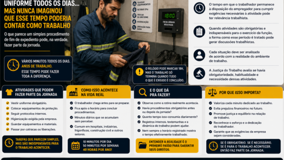 Trabalhador ao final do expediente retirando equipamentos de proteção individual e trocando o uniforme em um vestiário corporativo. Ao fundo, um relógio indica o horário após o encerramento oficial da jornada, destacando o tempo gasto em procedimentos obrigatórios antes de deixar a empresa.