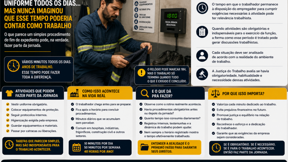 Trabalhador ao final do expediente retirando equipamentos de proteção individual e trocando o uniforme em um vestiário corporativo. Ao fundo, um relógio indica o horário após o encerramento oficial da jornada, destacando o tempo gasto em procedimentos obrigatórios antes de deixar a empresa.