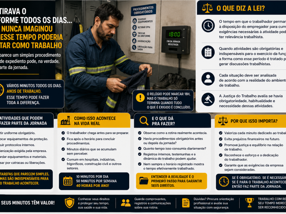 Trabalhador ao final do expediente retirando equipamentos de proteção individual e trocando o uniforme em um vestiário corporativo. Ao fundo, um relógio indica o horário após o encerramento oficial da jornada, destacando o tempo gasto em procedimentos obrigatórios antes de deixar a empresa.