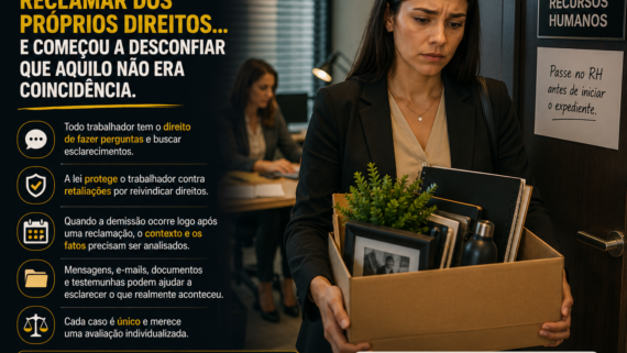 Mulher deixa a sala do RH carregando uma caixa com seus pertences após ser demitida. A expressão demonstra tristeza e preocupação, enquanto um painel informativo destaca que questionar direitos trabalhistas não deve ser motivo para retaliação. A cena representa a importância do respeito aos direitos do trabalhador e da análise de possíveis demissões discriminatórias.
