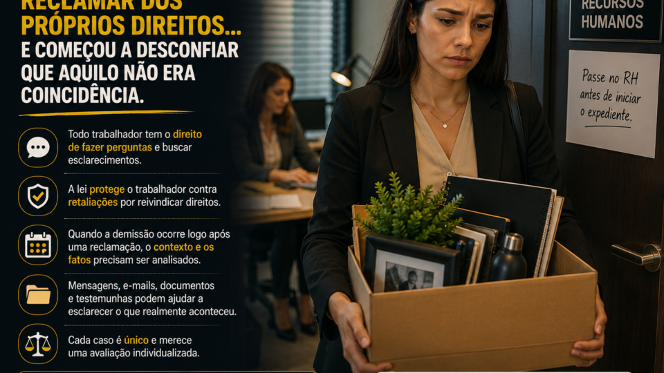 Mulher deixa a sala do RH carregando uma caixa com seus pertences após ser demitida. A expressão demonstra tristeza e preocupação, enquanto um painel informativo destaca que questionar direitos trabalhistas não deve ser motivo para retaliação. A cena representa a importância do respeito aos direitos do trabalhador e da análise de possíveis demissões discriminatórias.