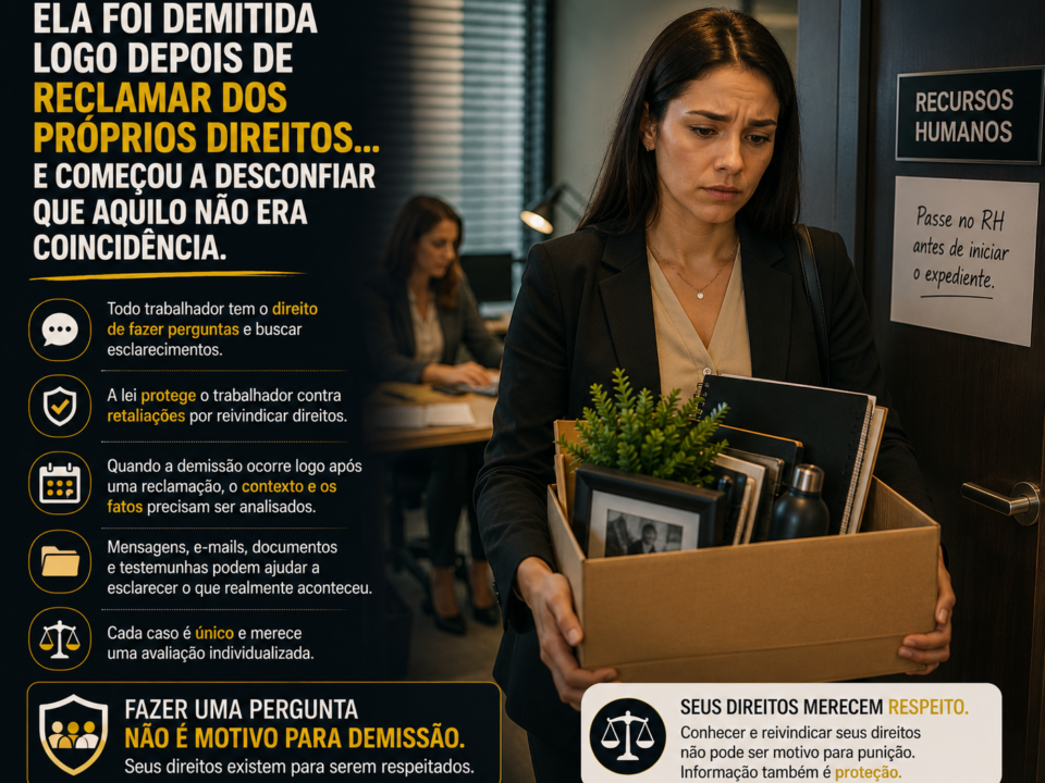 Mulher deixa a sala do RH carregando uma caixa com seus pertences após ser demitida. A expressão demonstra tristeza e preocupação, enquanto um painel informativo destaca que questionar direitos trabalhistas não deve ser motivo para retaliação. A cena representa a importância do respeito aos direitos do trabalhador e da análise de possíveis demissões discriminatórias.