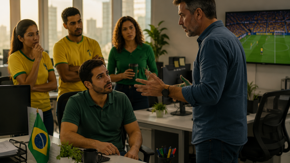 Funcionários reunidos em um escritório recebem orientações de um gestor enquanto, ao fundo, uma televisão exibe uma partida de futebol, representando a liberação antecipada do expediente e a dúvida sobre a compensação das horas durante a Copa do Mundo.