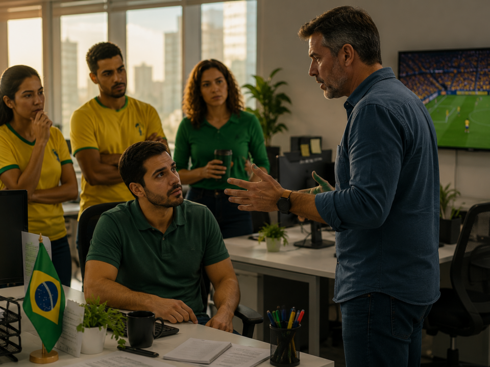 Funcionários reunidos em um escritório recebem orientações de um gestor enquanto, ao fundo, uma televisão exibe uma partida de futebol, representando a liberação antecipada do expediente e a dúvida sobre a compensação das horas durante a Copa do Mundo.