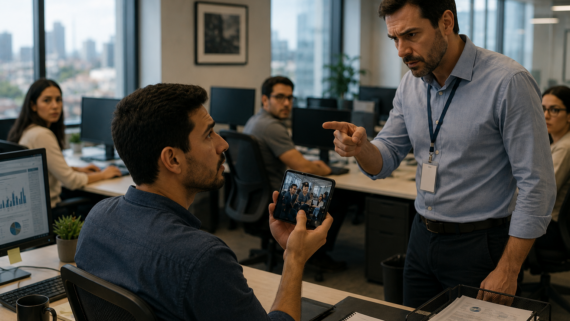 Trabalhador mostra um celular durante uma conversa com o supervisor em um escritório, enquanto colegas observam discretamente a situação, representando um conflito após a publicação de uma foto tirada no ambiente de trabalho.