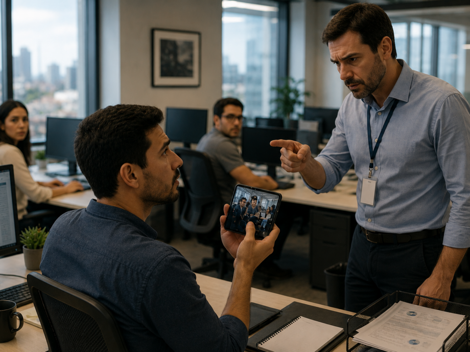 Trabalhador mostra um celular durante uma conversa com o supervisor em um escritório, enquanto colegas observam discretamente a situação, representando um conflito após a publicação de uma foto tirada no ambiente de trabalho.