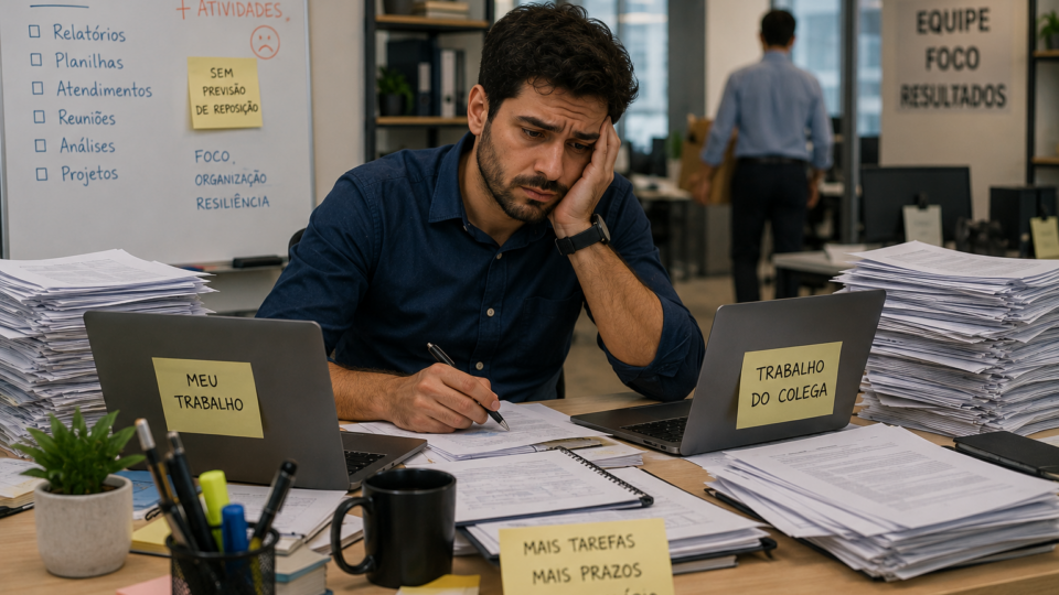 Trabalhador em um escritório aparentando cansaço enquanto executa diversas tarefas ao mesmo tempo diante do computador. A mesa está cheia de documentos, telefone e materiais de trabalho, transmitindo a sensação de sobrecarga após assumir responsabilidades extras. Ao fundo, o ambiente corporativo reforça o clima de pressão e excesso de demandas.