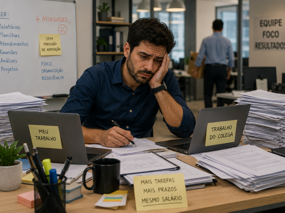 Trabalhador em um escritório aparentando cansaço enquanto executa diversas tarefas ao mesmo tempo diante do computador. A mesa está cheia de documentos, telefone e materiais de trabalho, transmitindo a sensação de sobrecarga após assumir responsabilidades extras. Ao fundo, o ambiente corporativo reforça o clima de pressão e excesso de demandas.