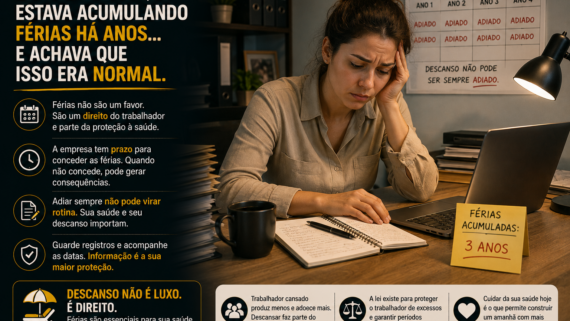 Mulher com expressão de cansaço e preocupação trabalha em frente a um notebook em um escritório, enquanto segura um documento. Ao lado, um calendário destaca vários anos sem férias, reforçando a sensação de sobrecarga e ausência de descanso. A composição utiliza elementos visuais que remetem ao direito às férias e à importância da saúde física e mental do trabalhador.