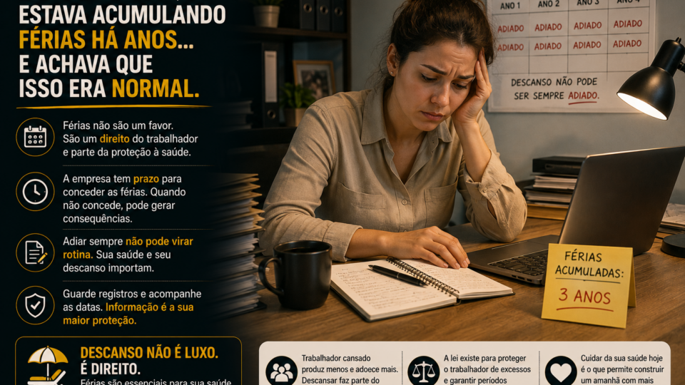Mulher com expressão de cansaço e preocupação trabalha em frente a um notebook em um escritório, enquanto segura um documento. Ao lado, um calendário destaca vários anos sem férias, reforçando a sensação de sobrecarga e ausência de descanso. A composição utiliza elementos visuais que remetem ao direito às férias e à importância da saúde física e mental do trabalhador.