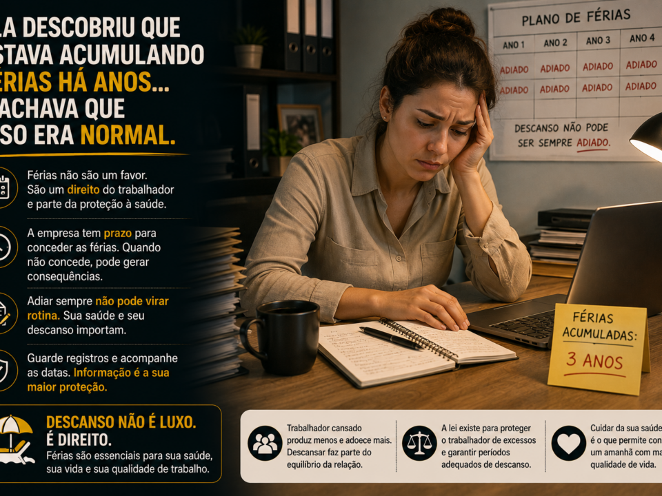 Mulher com expressão de cansaço e preocupação trabalha em frente a um notebook em um escritório, enquanto segura um documento. Ao lado, um calendário destaca vários anos sem férias, reforçando a sensação de sobrecarga e ausência de descanso. A composição utiliza elementos visuais que remetem ao direito às férias e à importância da saúde física e mental do trabalhador.