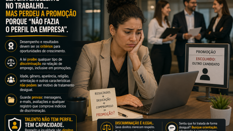 Mulher em ambiente corporativo observa, com expressão de decepção e frustração, um colega sendo anunciado como novo líder da equipe enquanto gestores conversam ao fundo. A cena transmite a sensação de injustiça e exclusão profissional, representando situações em que um trabalhador pode ser preterido em promoções por critérios subjetivos ou potencialmente discriminatórios.