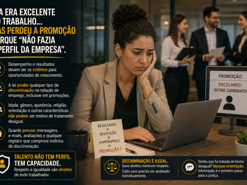 Mulher em ambiente corporativo observa, com expressão de decepção e frustração, um colega sendo anunciado como novo líder da equipe enquanto gestores conversam ao fundo. A cena transmite a sensação de injustiça e exclusão profissional, representando situações em que um trabalhador pode ser preterido em promoções por critérios subjetivos ou potencialmente discriminatórios.