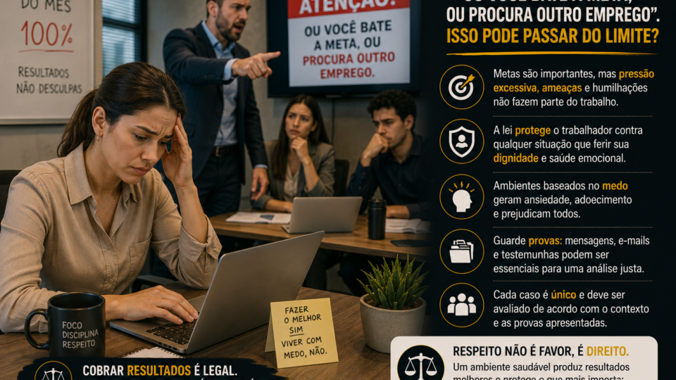 Ilustração realista de uma reunião corporativa em que uma gerente faz uma cobrança firme de metas diante da equipe. Os colaboradores demonstram preocupação, tensão e insegurança com o ambiente de trabalho. A cena representa a pressão excessiva por resultados e os limites entre a cobrança legítima e possíveis práticas abusivas no ambiente profissional.