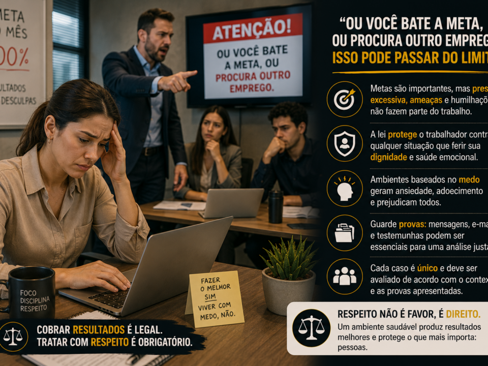 Ilustração realista de uma reunião corporativa em que uma gerente faz uma cobrança firme de metas diante da equipe. Os colaboradores demonstram preocupação, tensão e insegurança com o ambiente de trabalho. A cena representa a pressão excessiva por resultados e os limites entre a cobrança legítima e possíveis práticas abusivas no ambiente profissional.