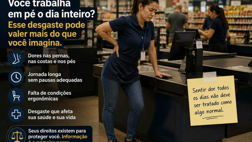 Operadora de caixa em um supermercado permanece em pé durante o expediente, apoiando uma das mãos nas costas enquanto demonstra desconforto físico. O ambiente transmite uma rotina intensa de trabalho, destacando o desgaste causado por longos períodos em pé e a importância de condições ergonômicas adequadas.