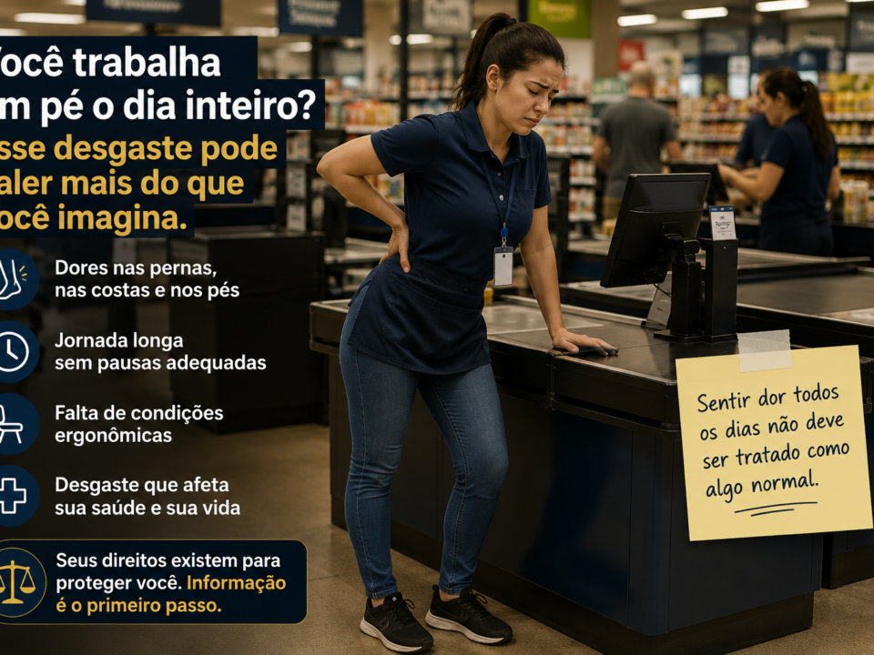 Operadora de caixa em um supermercado permanece em pé durante o expediente, apoiando uma das mãos nas costas enquanto demonstra desconforto físico. O ambiente transmite uma rotina intensa de trabalho, destacando o desgaste causado por longos períodos em pé e a importância de condições ergonômicas adequadas.