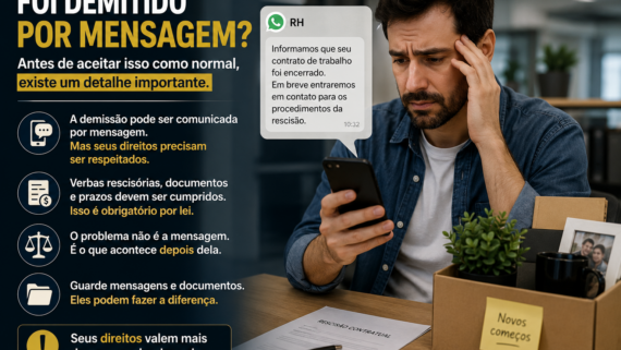 Homem sentado sozinho em um ambiente de escritório, olhando para a tela do celular com expressão de surpresa e preocupação após receber uma mensagem de desligamento. Ao fundo, mesas de trabalho desfocadas reforçam o clima corporativo. A iluminação fria e o enquadramento horizontal transmitem a sensação de incerteza e impacto emocional. Não há textos na imagem.