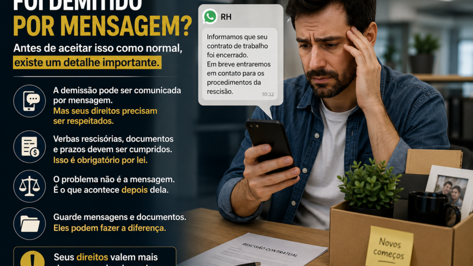 Homem sentado sozinho em um ambiente de escritório, olhando para a tela do celular com expressão de surpresa e preocupação após receber uma mensagem de desligamento. Ao fundo, mesas de trabalho desfocadas reforçam o clima corporativo. A iluminação fria e o enquadramento horizontal transmitem a sensação de incerteza e impacto emocional. Não há textos na imagem.