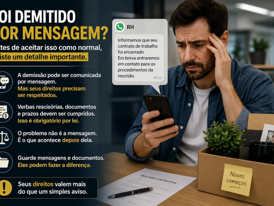 Homem sentado sozinho em um ambiente de escritório, olhando para a tela do celular com expressão de surpresa e preocupação após receber uma mensagem de desligamento. Ao fundo, mesas de trabalho desfocadas reforçam o clima corporativo. A iluminação fria e o enquadramento horizontal transmitem a sensação de incerteza e impacto emocional. Não há textos na imagem.