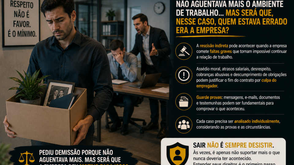 Homem deixa o ambiente de trabalho carregando uma caixa com seus pertences enquanto demonstra expressão de tristeza e esgotamento emocional. Ao fundo, um gestor aparece em atitude agressiva e uma colega observa a situação com preocupação. A cena representa um ambiente de trabalho hostil e ilustra o tema da rescisão indireta, quando o empregado pode ser levado a pedir demissão em razão de faltas graves cometidas pelo empregador.