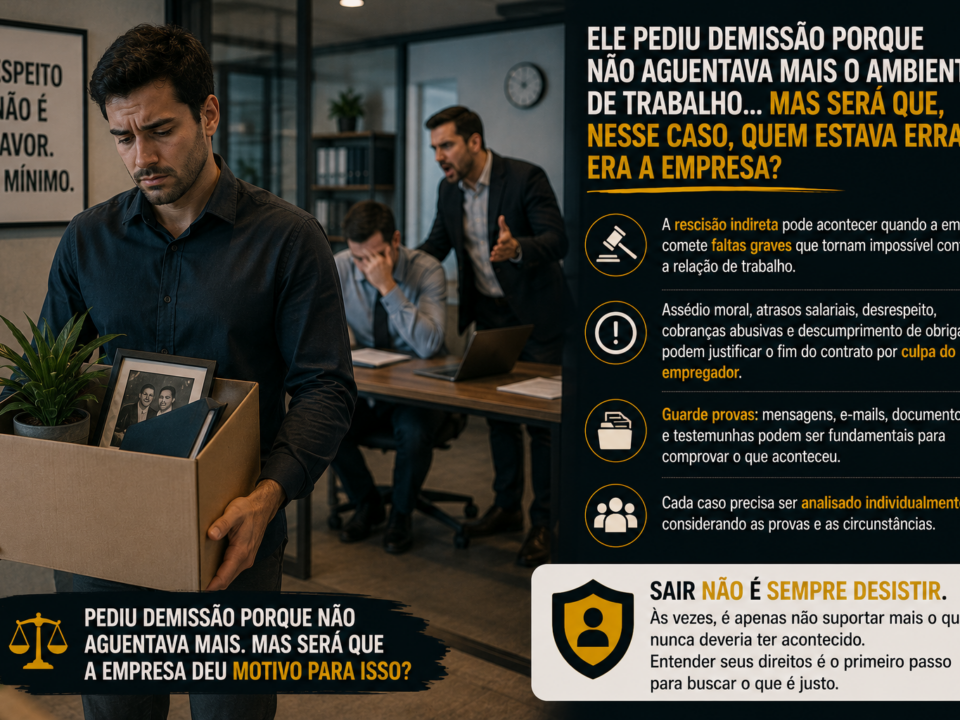 Homem deixa o ambiente de trabalho carregando uma caixa com seus pertences enquanto demonstra expressão de tristeza e esgotamento emocional. Ao fundo, um gestor aparece em atitude agressiva e uma colega observa a situação com preocupação. A cena representa um ambiente de trabalho hostil e ilustra o tema da rescisão indireta, quando o empregado pode ser levado a pedir demissão em razão de faltas graves cometidas pelo empregador.