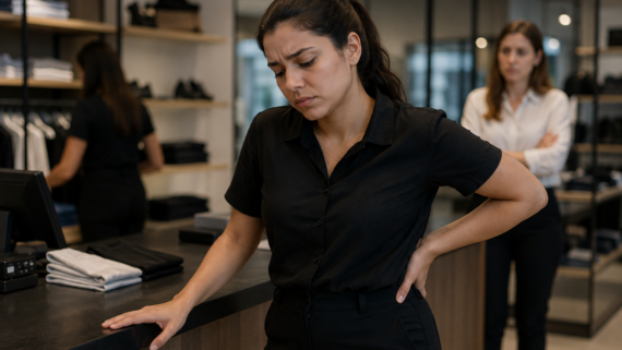 Mulher trabalhando em uma loja permanece em pé atrás do balcão, demonstrando dor nas costas e cansaço durante o expediente, enquanto colegas aparecem ao fundo em um ambiente comercial moderno.